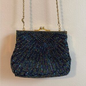 Vintage Navy Beaded Evening Bag w Shoulder Strap